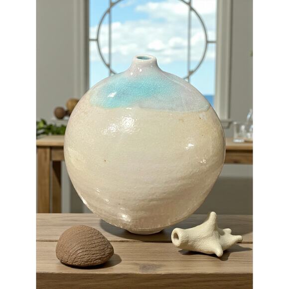 Signed Studio Pottery Bud Vase-Crackle Celadon Drip Glaze Stoneware-Modern-Boho - Picture 3 of 8